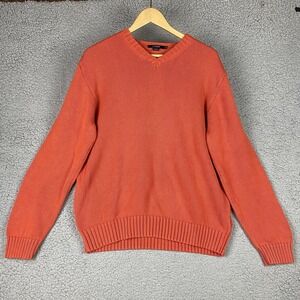 J Crew Knit Sweater Orange V-Neck M 100% Cotton Ribbed Cuff Vintage Fisherman